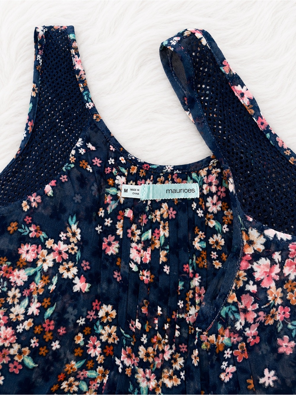 Maurices Floral Sheer Tank Blouse Medium Boho Cottagecore Sleeveless Top Navy - Picture 2 of 2